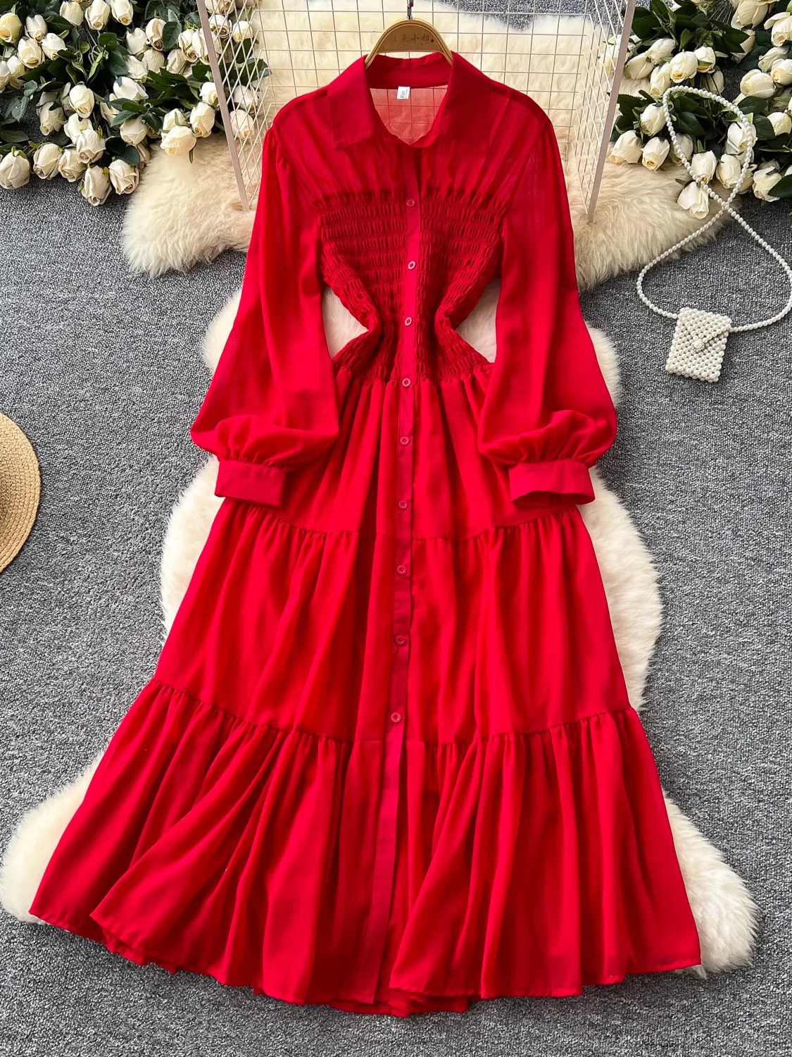 

Spring Autumn Women Draped Long Dress Vintage Red/Green/Purple Turn-Down Collar Single Breasted Long Sleeve A-Line Maxi Vestidos