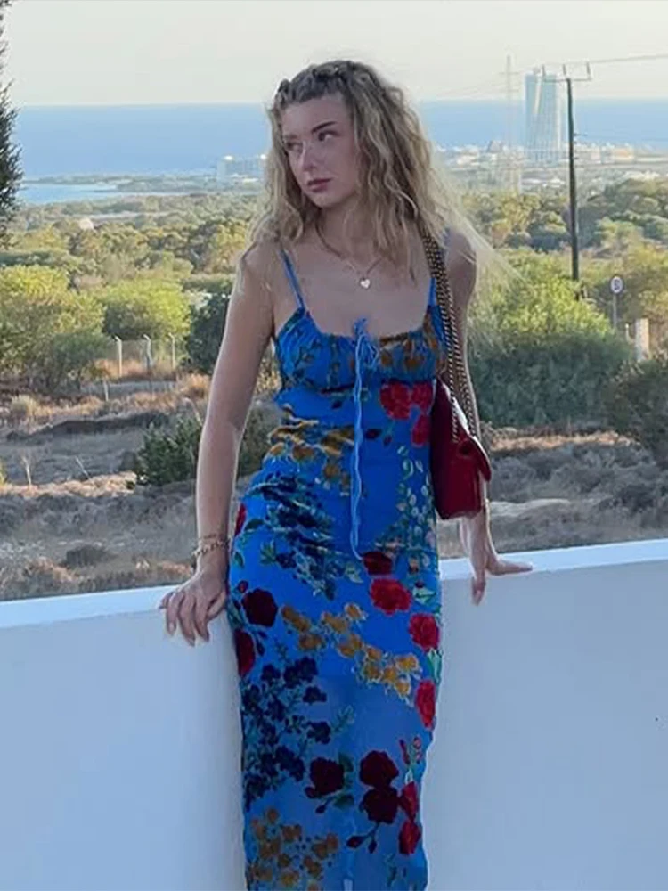 Retro Printed Camisole Long Dress Woman Lace up Waist Cinched Backless Flower Sleeveless Dresses Fashion Sexy Lady's New Dresses