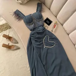 Customized A-line Sleeveless Feathers Prom Gown Lace Backless Evening Dresses For Women Elegant Maxi Dress فساتين مناسبة رسمية