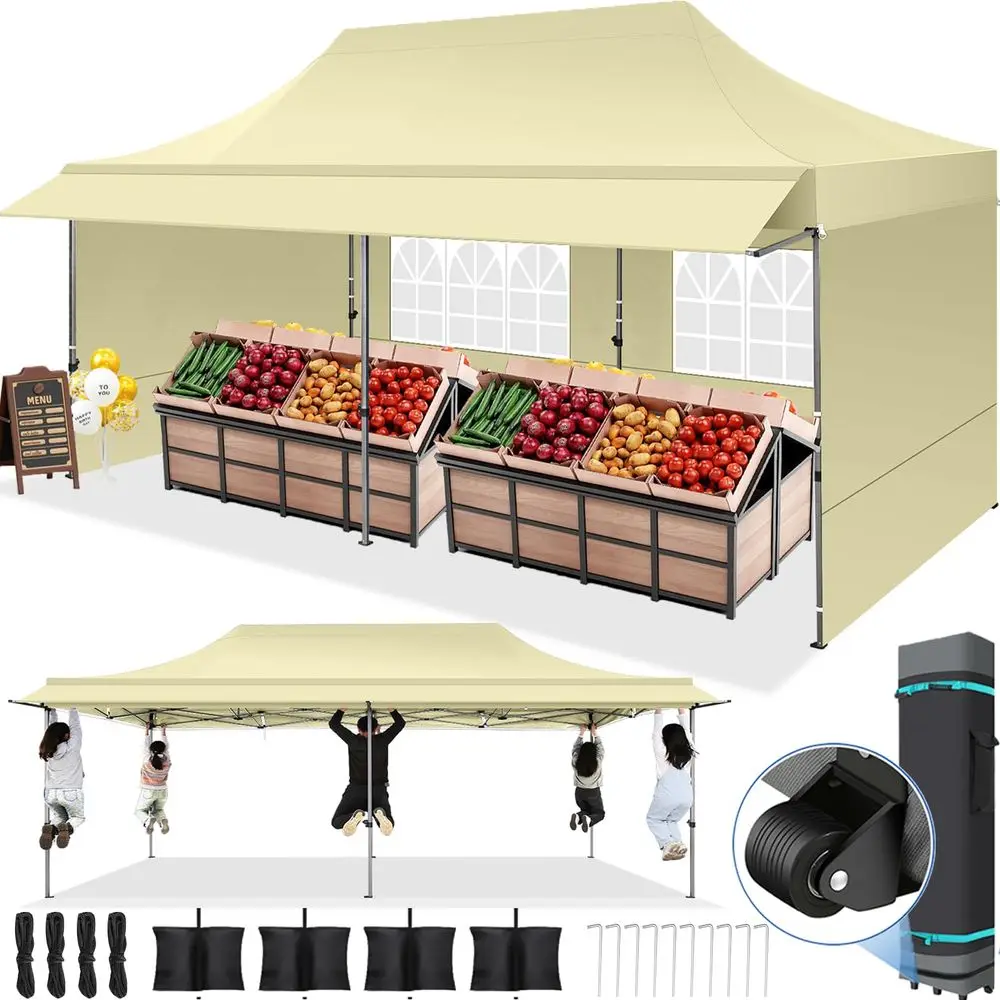 

10x20 Pop Canopy Tent Heavy Duty with Awning, Outdoor Commercial Canopy with Sidewalls, Waterproof UPF 50 All Season, Vendor