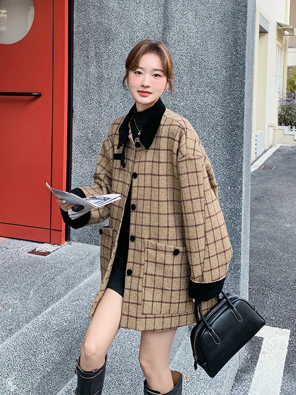 한국 스타일 레트로 체크 울 코트 여성용 가을 겨울 신상품 작은 사이즈 아름다운 울 탑 출퇴근용 스트레이트 롱 코트