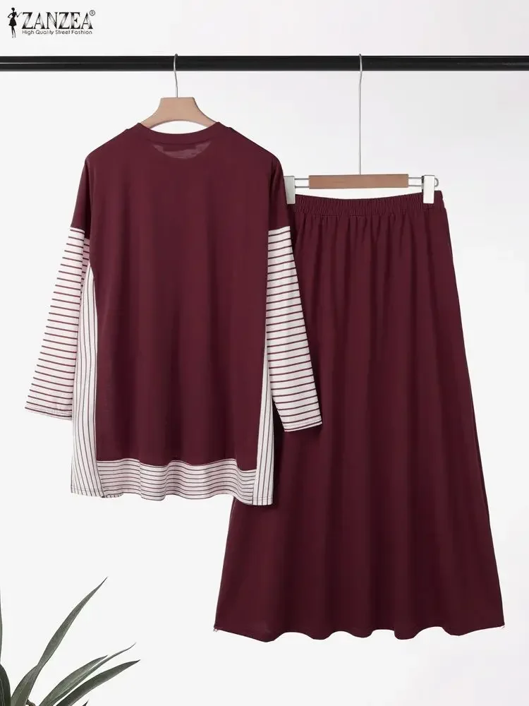 ZANZEA 2025 automne à manches longues Patchwork Blouse jupe costume tricoté ensembles assortis tenue d'hiver mode femmes musulmanes 2 pièces ensembles