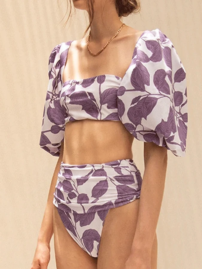 Conjunto de biquíni feminino em sopro, colarinho quadrado, cintura alta, estampa de flores, moda praia de verão, design sense, 2023