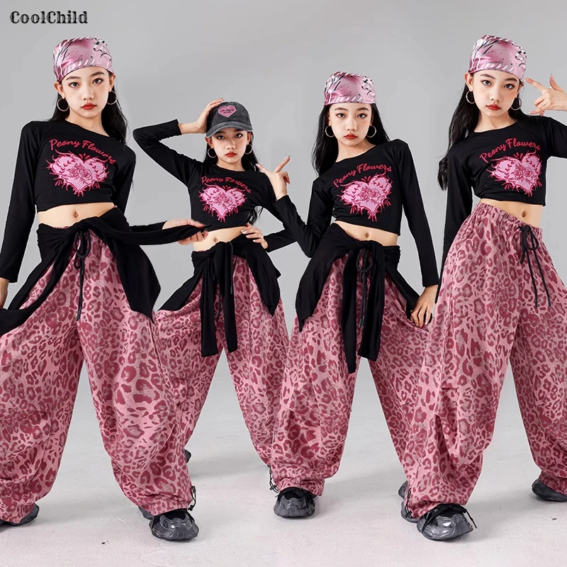 

Girls K-pop Crop Top Leopard Joggers Pants Girl Group Clothes Sets Kids Jazz Street Dance Costumes Children Hip Hop Streetwear