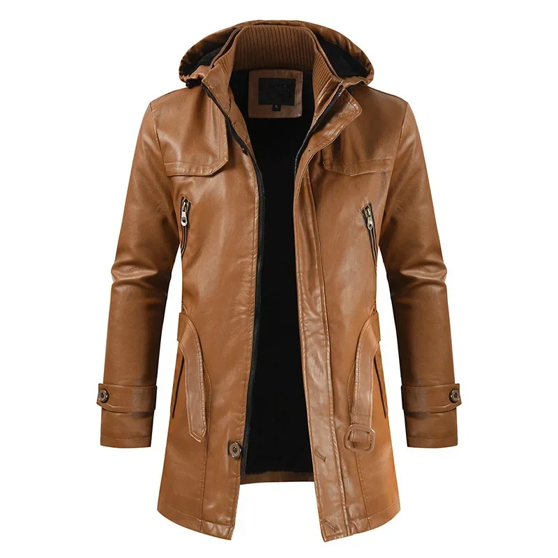 Solid Color Men Casual Fashion Mid-Length PU Leather Coat  New Men Slim Hooded Leather Jacket Large Size All-match Outwear