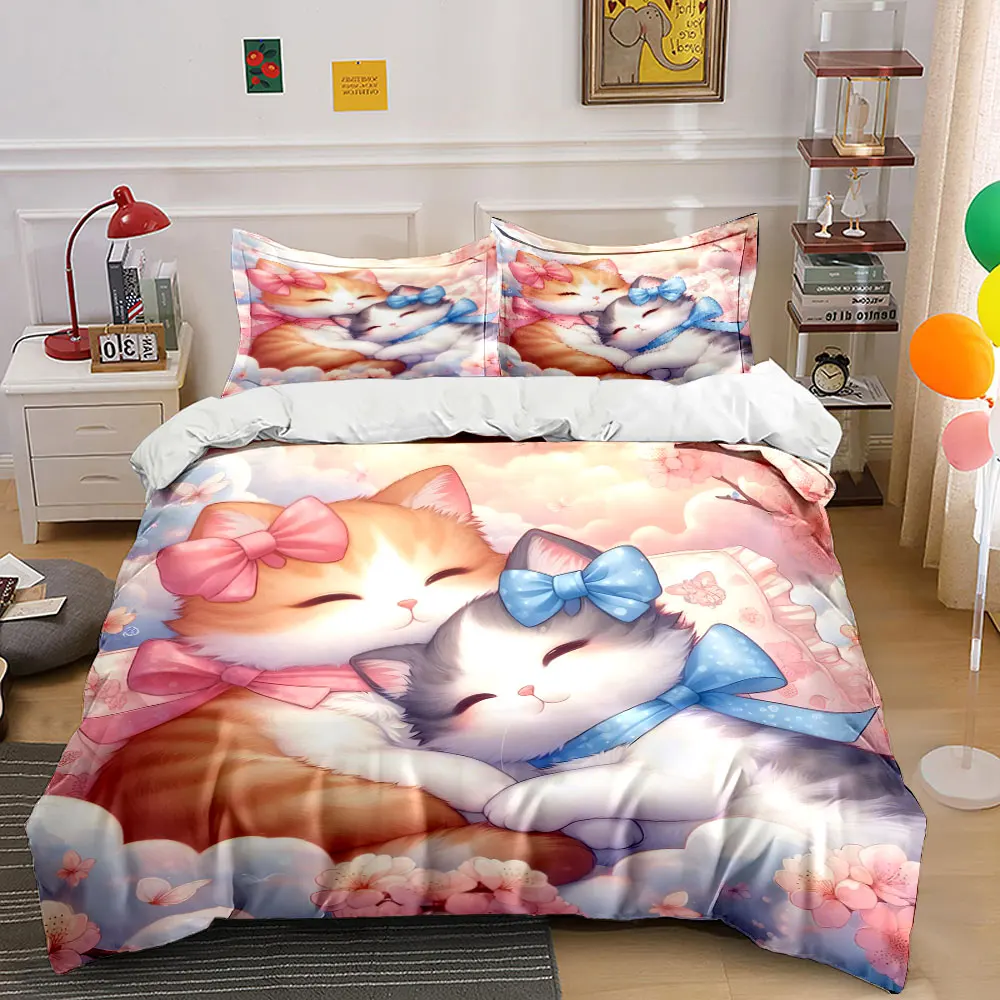 Dreamy kittens butterflies cherry blossoms Duvet Cover Set with 3D Printing Design Soft Polyester Bedding Set All-Season Comfort