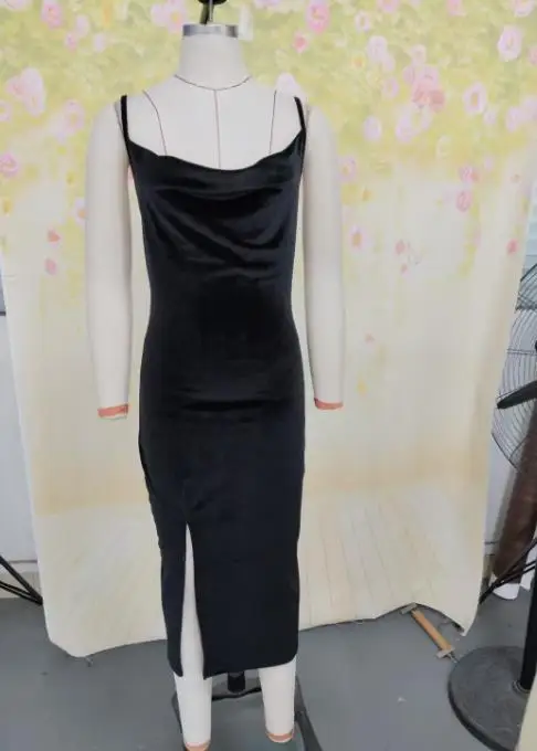 

High End Slim Fit Mid Length Split Velvet Tight Fitting Dress, Summer Swing Collar, Solid Color Waist Bag, Hip Strap Dress