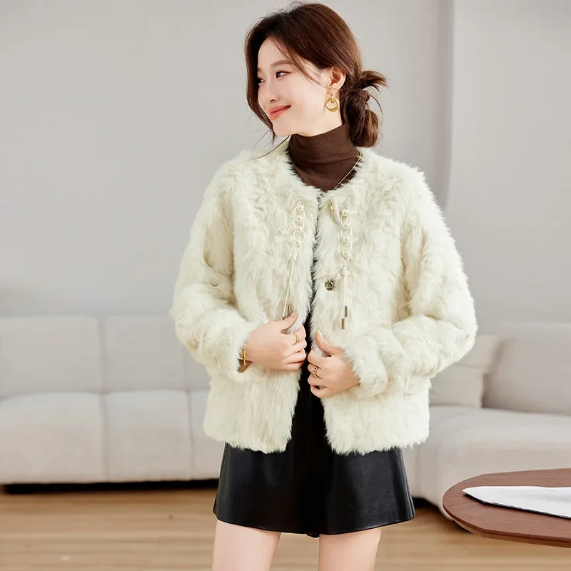 American Autumn Winter Women's Coats Faux Fur Thick Warm 2024 New Coat Round Neck Imitation Lamb Fleece Women's Clothing