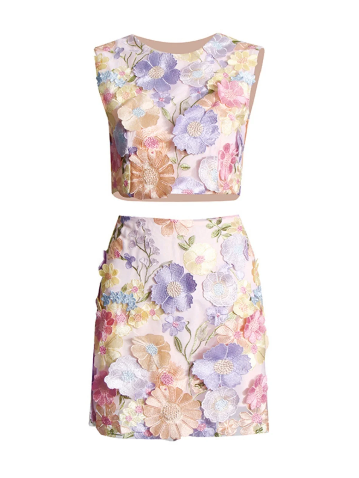  Summer Vaion Sle Embroidered Flower round Ne Svel High Waist Wrap Body f Skirt Two Piece Set