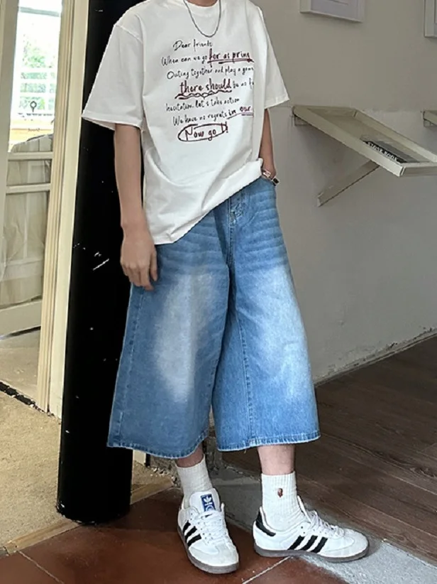 

Retro American Waed Men's Denim orts Summer Loose Light Blue Wide Leg Jeans Casual Straight Cut Loose Fit mid Waist