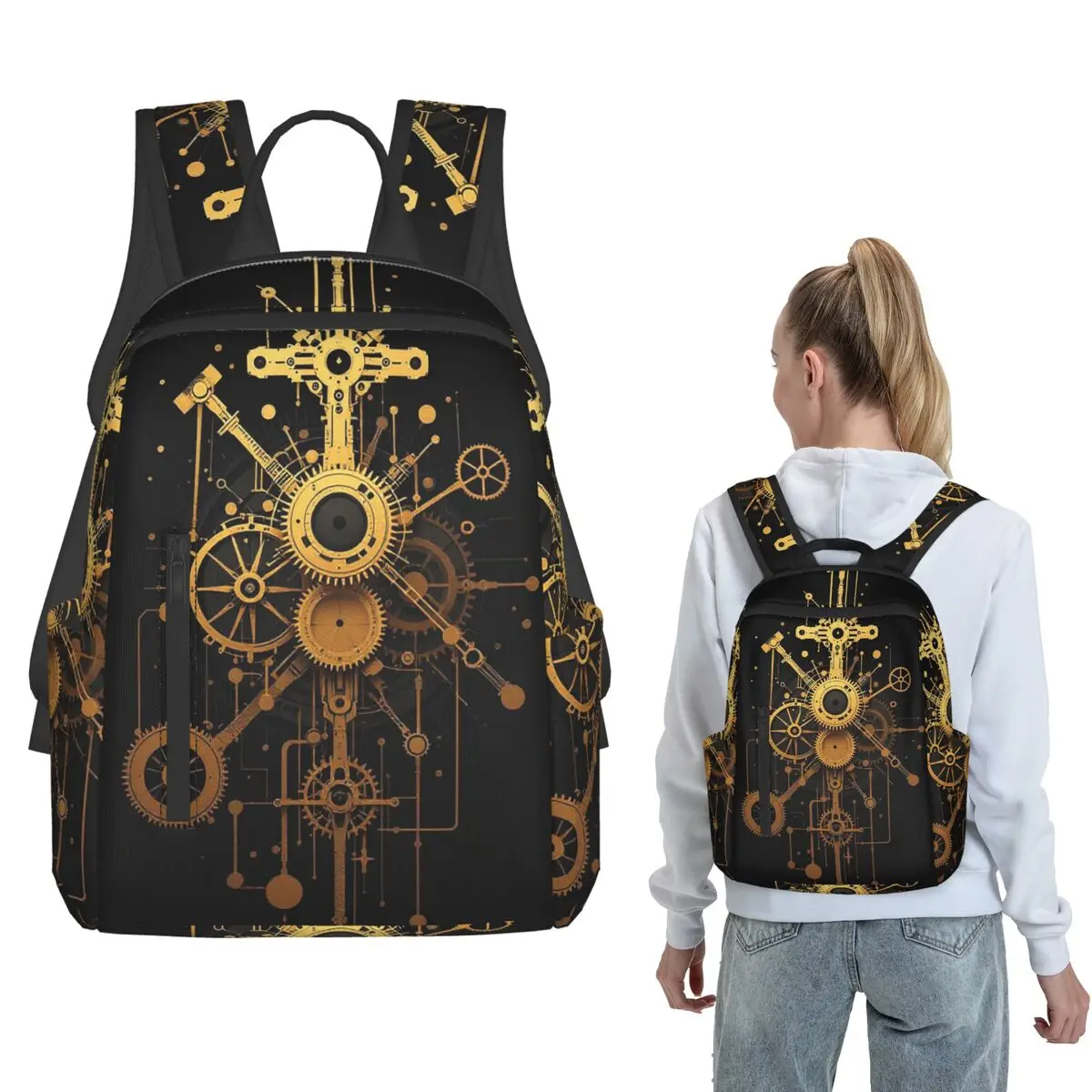 

Steampunk Clock Golden Tone Gears Backpack Large Capacity Children BookBag School Bag Shoulder Bags for Men Women