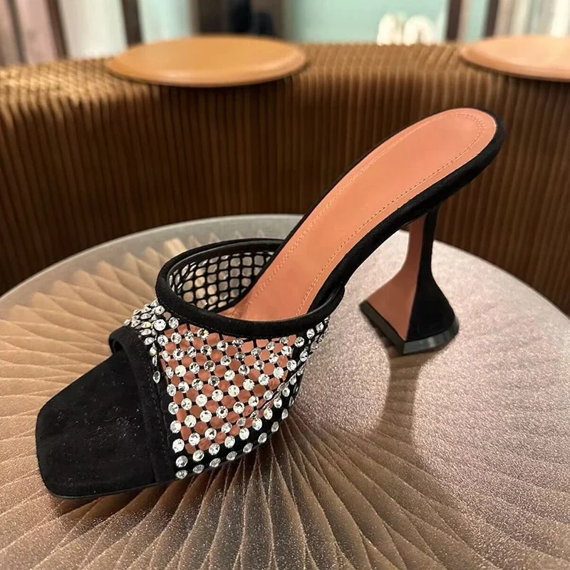 Slippers Glitter Rhinestone Decor Square Toe Bling Crystal Cup High Heel Women Mesh Hollow Outs Sandals Summer Party Dress Shoes