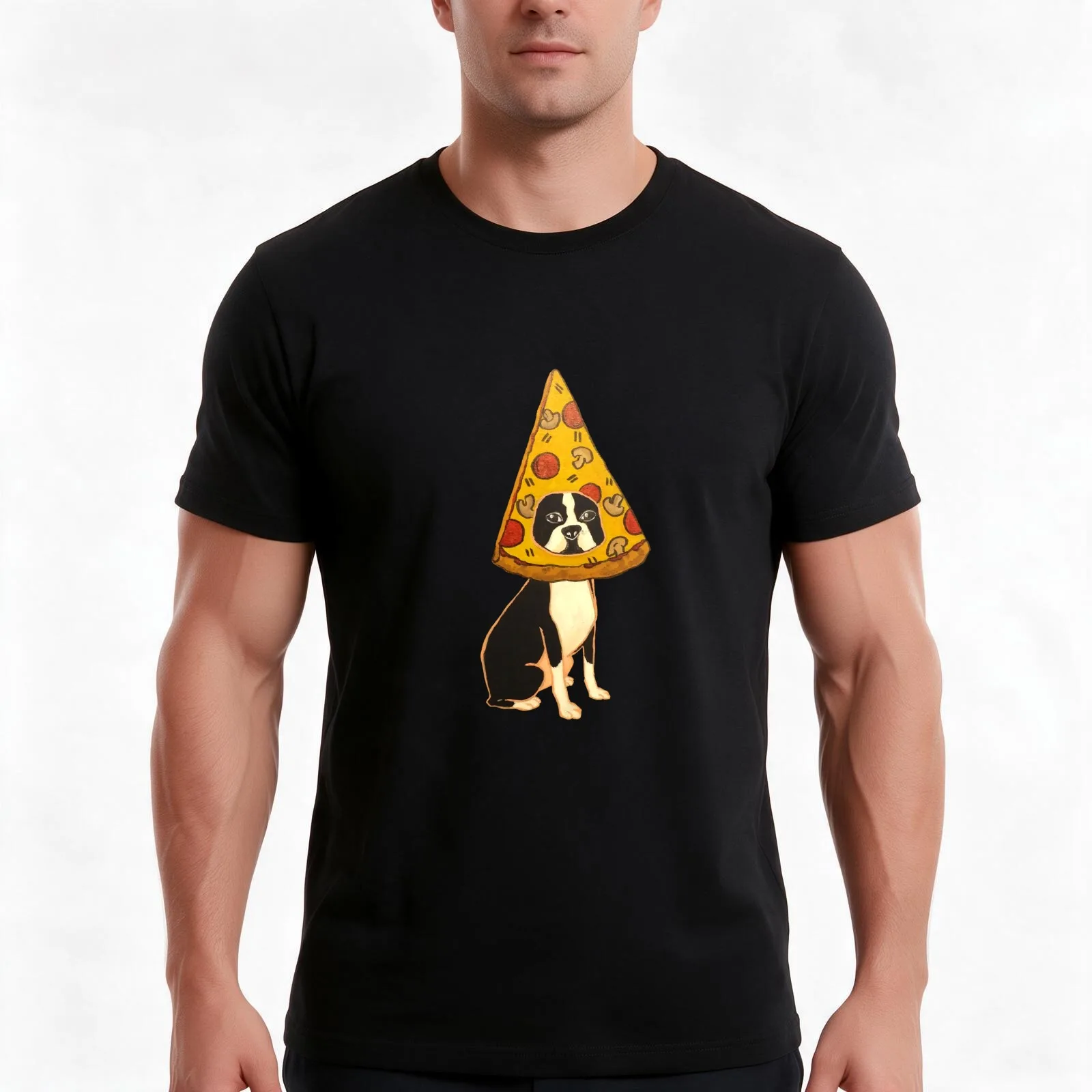 Boston Terrier Pizza Dog T-Shirt, Summer Casual Cotton Tee, Oversized Streetwear Tops, Vintage Graphic Print, Unisex Men Women
