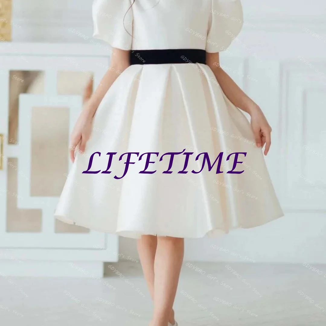Customized Tea Length Flower Girl Dress for Wedding Party Toddlers O Neck Short Sleeve Pageant Birthday Dress With Bow Sashes