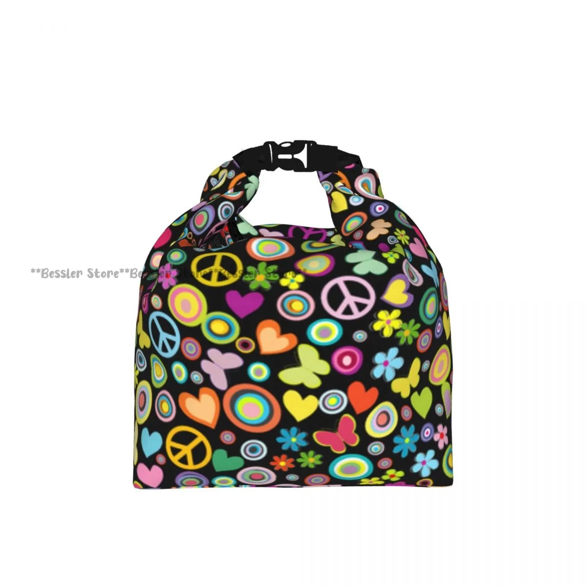 Roll Top Thermal Lunch Bag Flowers Circles Hearts Butterflies And Peace Signs Insulated Bento Bag Reusable Food Storage Handbag
