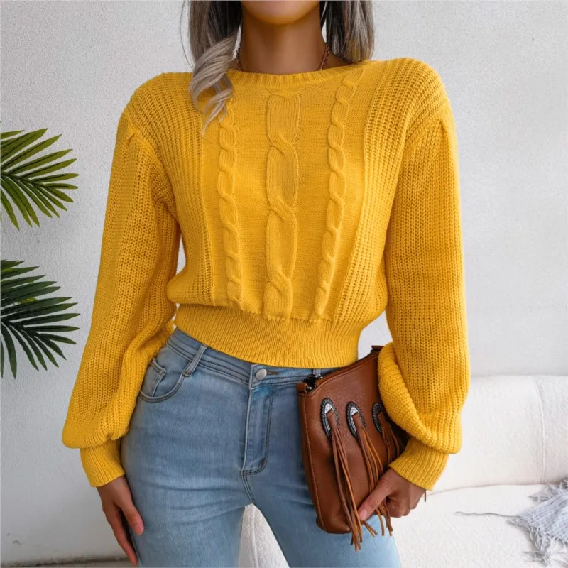 Autumn And Winter Leisure Fried Dough Twists Lantern Sleeve Waist Knitting Sweater Women\'s Round Neck Pullover Long Sleeve 2024