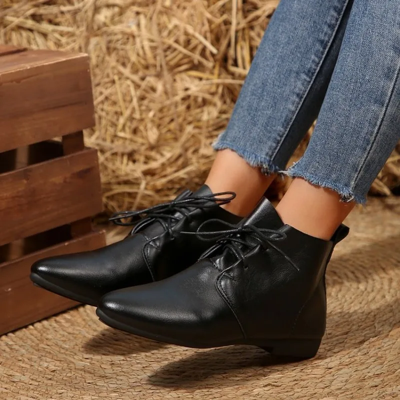 British Style Lace Up Boots for Women flat shoes 2024 Winter New Women\'s  Soft Casual Leather Shoes Simple and Versatile Ladies