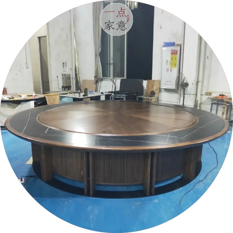 Customizable Hotel Electric Large Round Table with Turntable Hotel Black Walnut Furniture