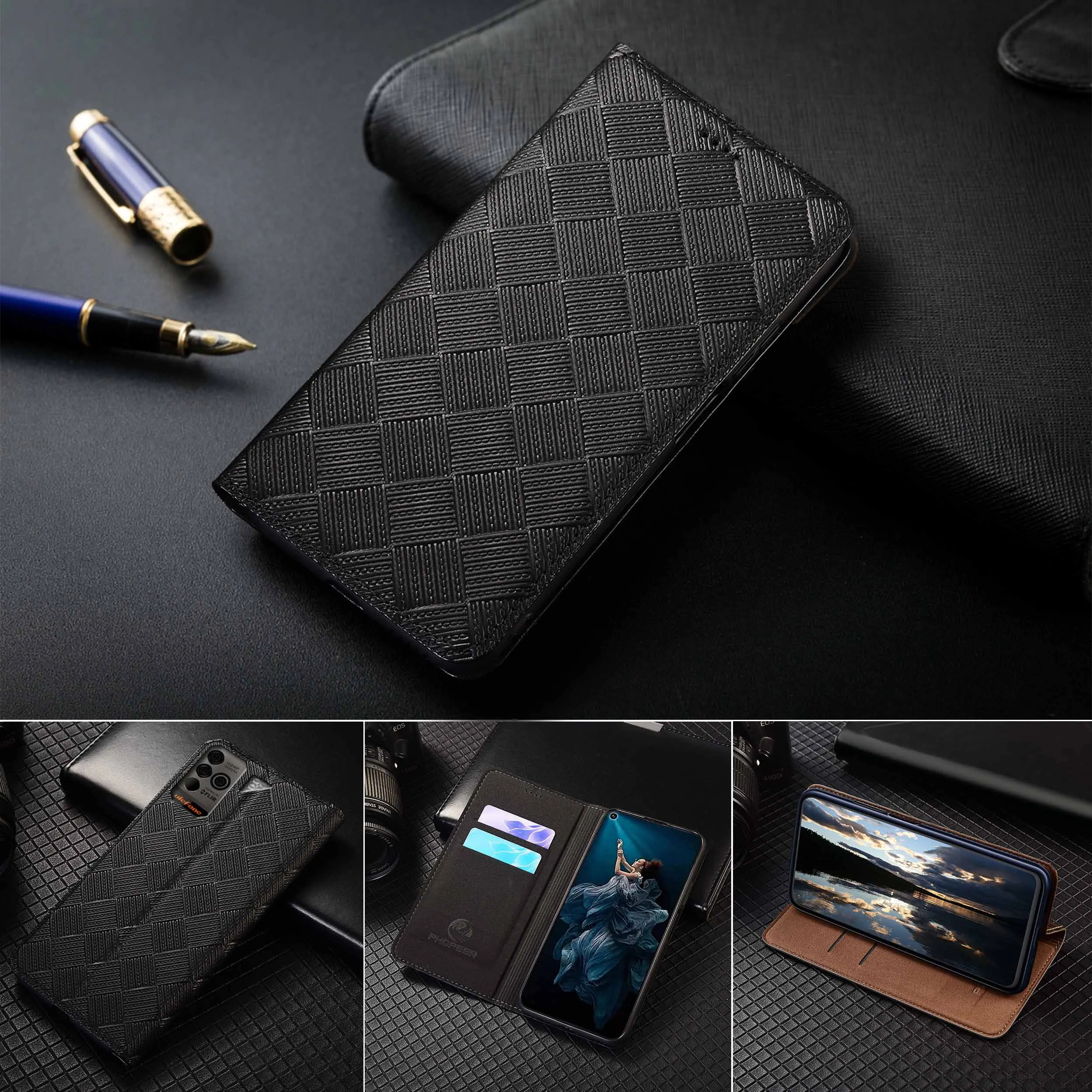 

For Ulefone Armor Mini 20 20T 13 14 15 16 17 18 18T Pro Knit Pattern Of Genuine Leather Wallet Flip Phone Cover Case Cowhide