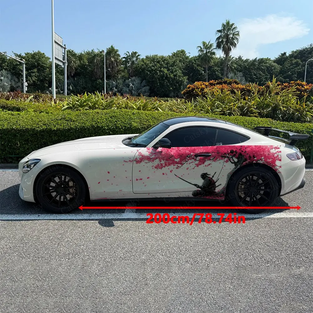 2pcs Falling Cherry Blossom Samurai Car Side Wrap, Self-Adhesive PVC Waterproof & Scratch-Resistant Stickers, Car Accessory Gift