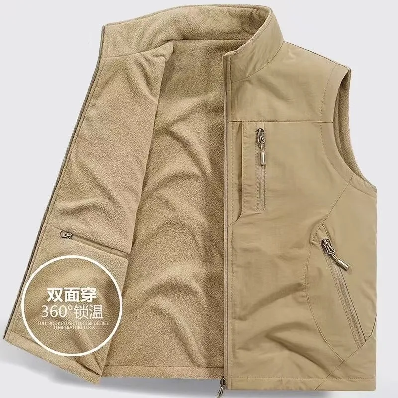 

2026 Мужской двусторонний воротник-стойка, флис, флис с несколькими карманами для улицы, жилет