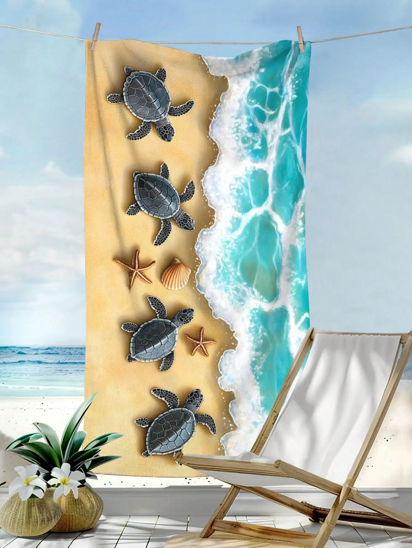 1pc Ultra Soft Absorbent Microfiber Beach Towel With Sea Turtle, Shell & Starfish Print, Suitable For Swimming, Vacation