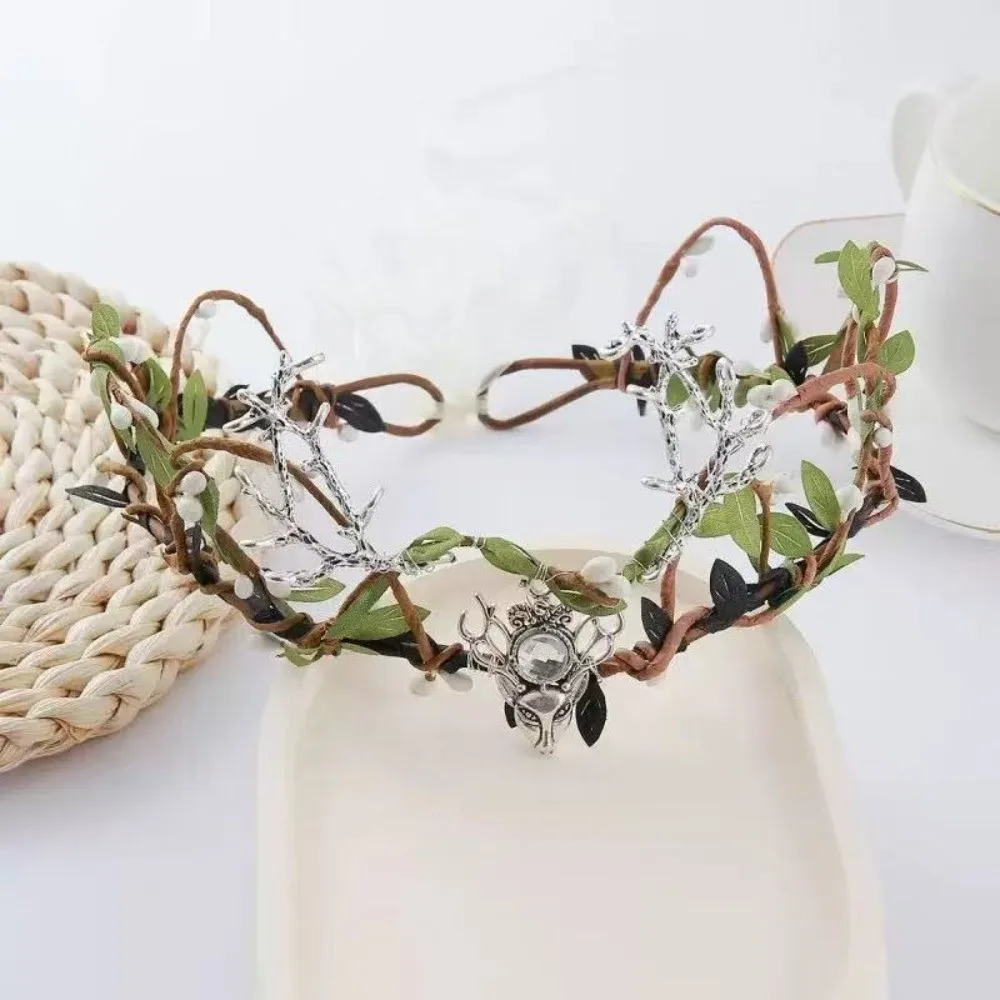 Fairy Vine Elven Crown Fantasy Diadem Elf Tiara Rhinestone Decorated Simulate Tree Leaves Fairy Headpiece Hallowmas Cosplay