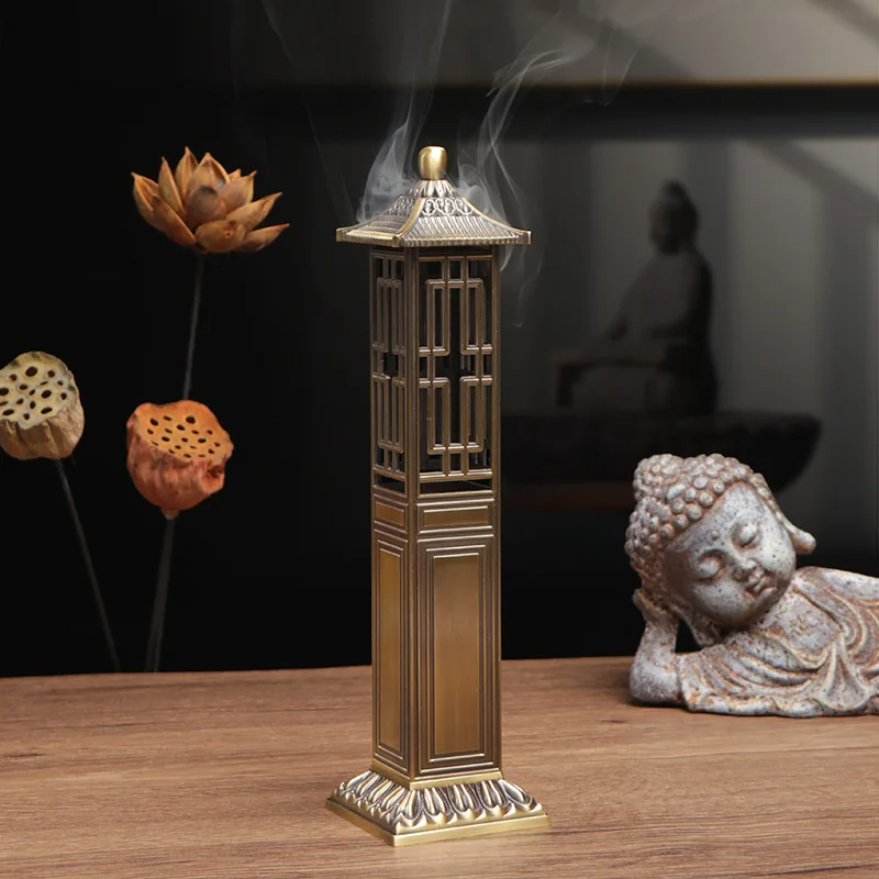 Chinese Style Vertical Pavilions Metal Incense Burner Sandalwood OUDH Incense Sticks Holder , Moral Family Harmony and Beauty