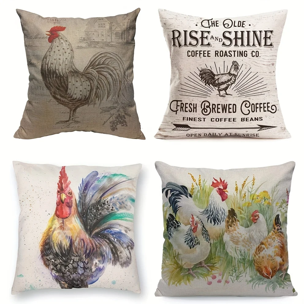 Beige Chicken Rooster Farm House Pillow Cover Square Linen Cushion Cover, Home Decor, Collectible Buildings Accessories