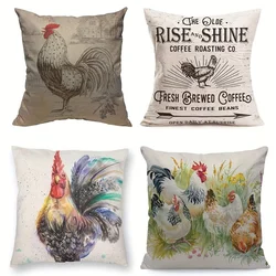 Beige Chicken Rooster Farm House Pillow Cover Square Linen Cushion Cover, Home Decor, Collectible Buildings Accessories