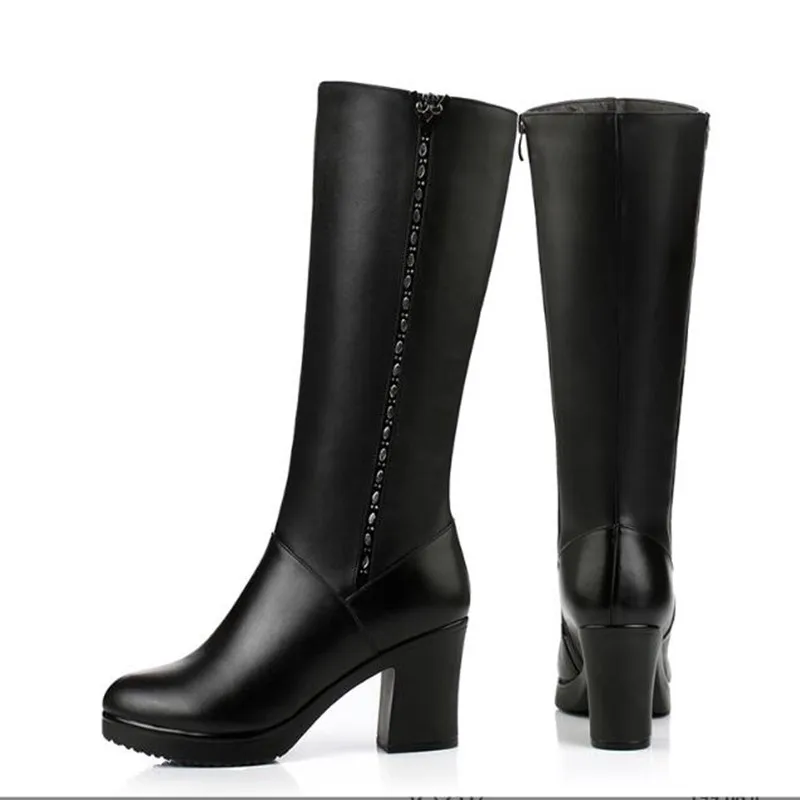 Women Winter Boots 2024 Genuine Leather boots high-heeled women long boots wool lined warm snow boots Lady Fashion shoes