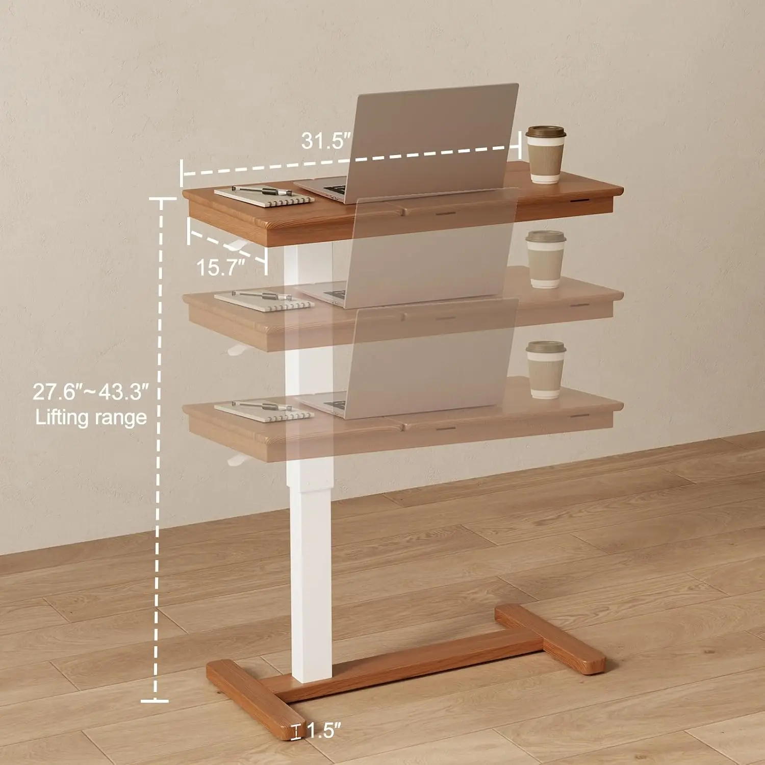 Medical bedside  with adjustable tilt, solid wood L-shaped bedside  with wheels, for dining