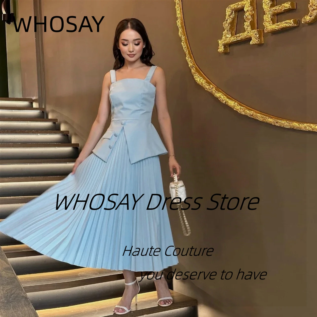 WHOSAY Customized Pleats Ankle Length Prom Dresses with Buttons Peplum Homecoming Dress Spaghetti Strapless Evening Party Gowns