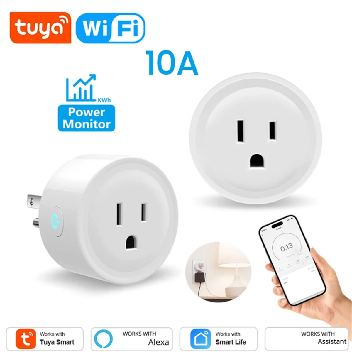 HOT TUYA 10A enchufe inteligente WIFI con Monitor de potencia función de sincronización Control de voz funciona enchufe de EE. UU.