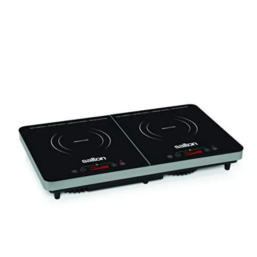 

Portable double induction cooktop for kitchen use, black tempered glass, cool-touch surface with LED display, 10 power settings