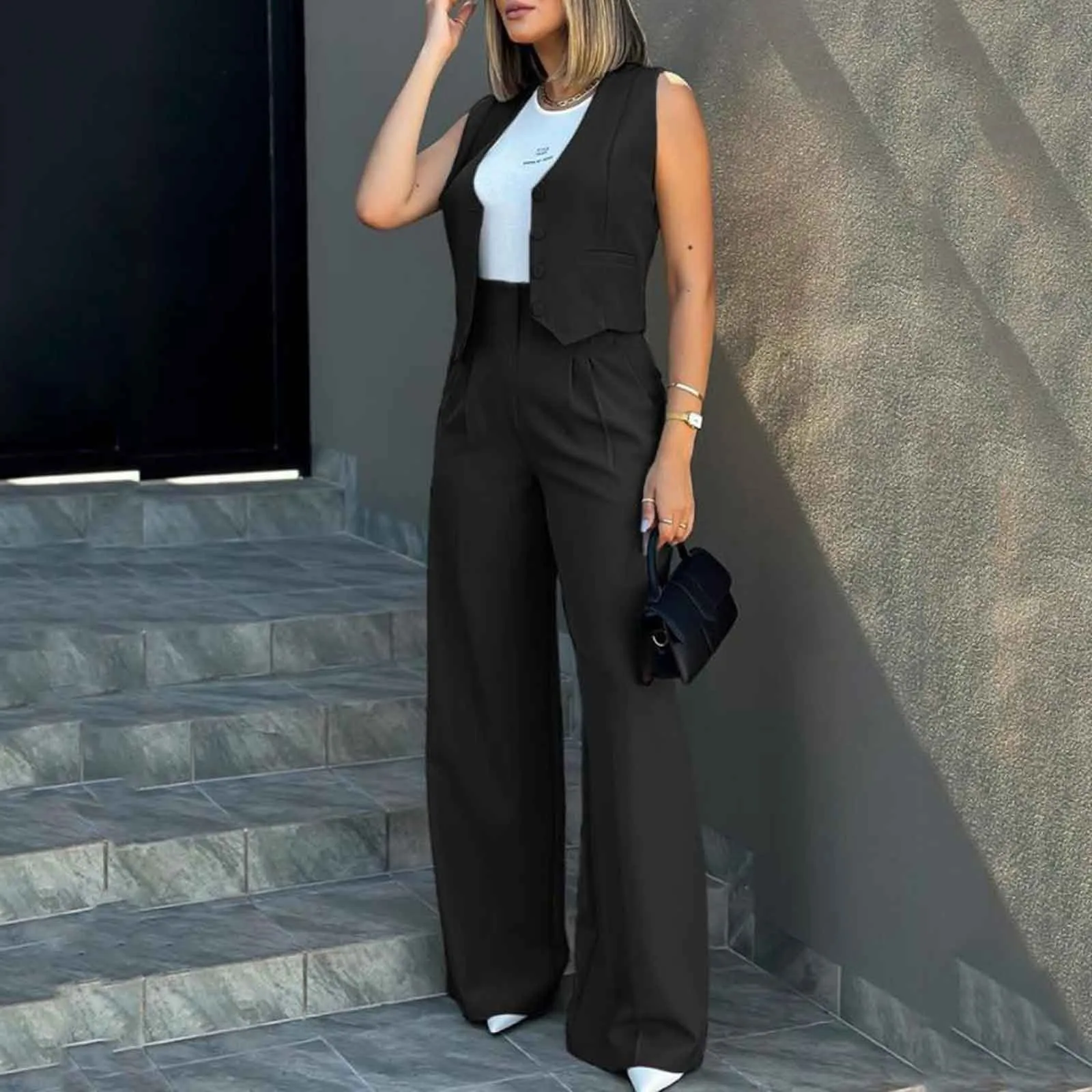 Women Suit Women Vest Elegant Lady Baggy Pants Set with Sleeveless Vest Women\'s High Waist Wide Leg Pants in for Fashionable