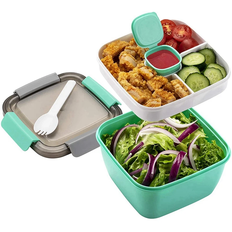 

Lunch Container 1500Ml Salad Bowls Salad Dressings Container With 3 Compartments For Salad Toppings