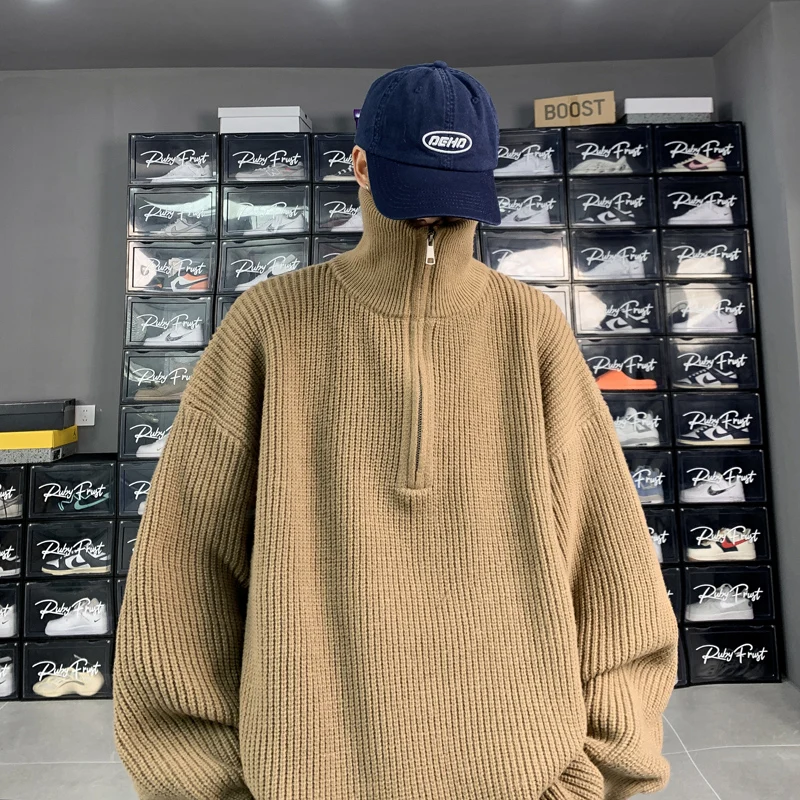 

Zipper Ne Knitted Sweater Men's Spring Autumn Sle American Retro Lazy Knitwear Jaet for Teenagers Casual Striped Pattern