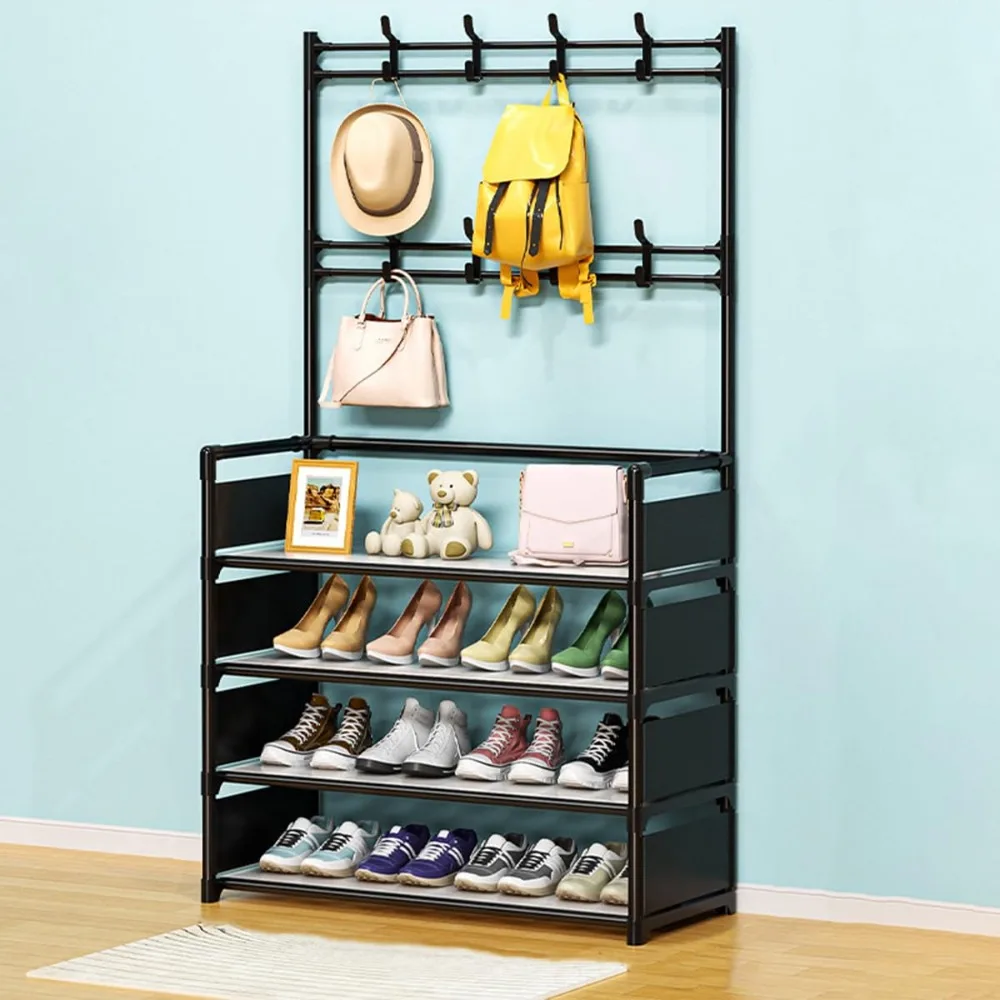 Shoes Rack Floor-Standing Clothes Hanger With Hooks Simple Bedroom Shelf Doorway Footwear Holder Dustproof Sneakers Organizer