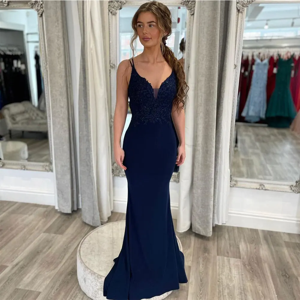 

Elegant Dress Women for Wedding Party V Neck Mother of Bride Dress 2023 Navy Blue Lace Applique Long Evening Formal Wear For Mom