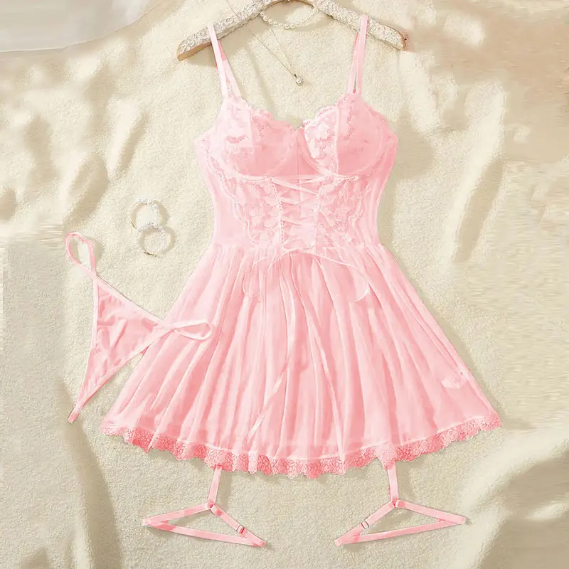 

Комплект нижнего белья для косплея, комплект из 3 предметов с подвязками, бюстгальтер, стринги, комплекты колец для ног, женское нижнее белье, корсет на шнуровке, милый игровой костюм Лолиты, розовый