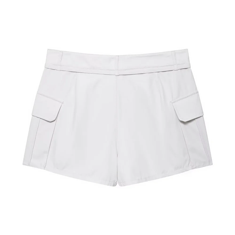 سروال نسائي بلون سادة برباط للعمل مع جيب متوسط الخصر مزين للصيف شورت عصري متعدد الاستخدامات