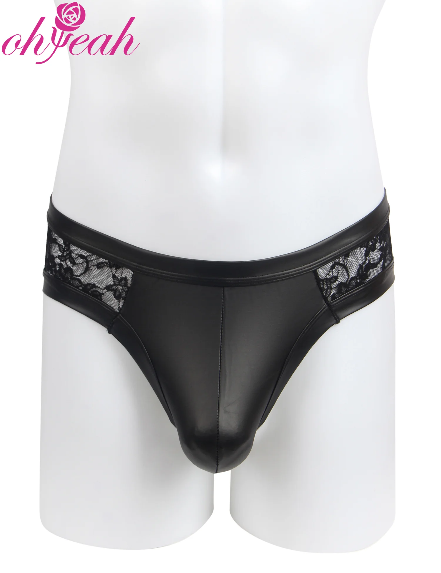 Ropa Interior Masculina de Encaje de Cuero PU Negro, Calzoncillos Triangulares Sexys con Bolsa en Forma de U, Elásticos y Ajustables, Talla Grande