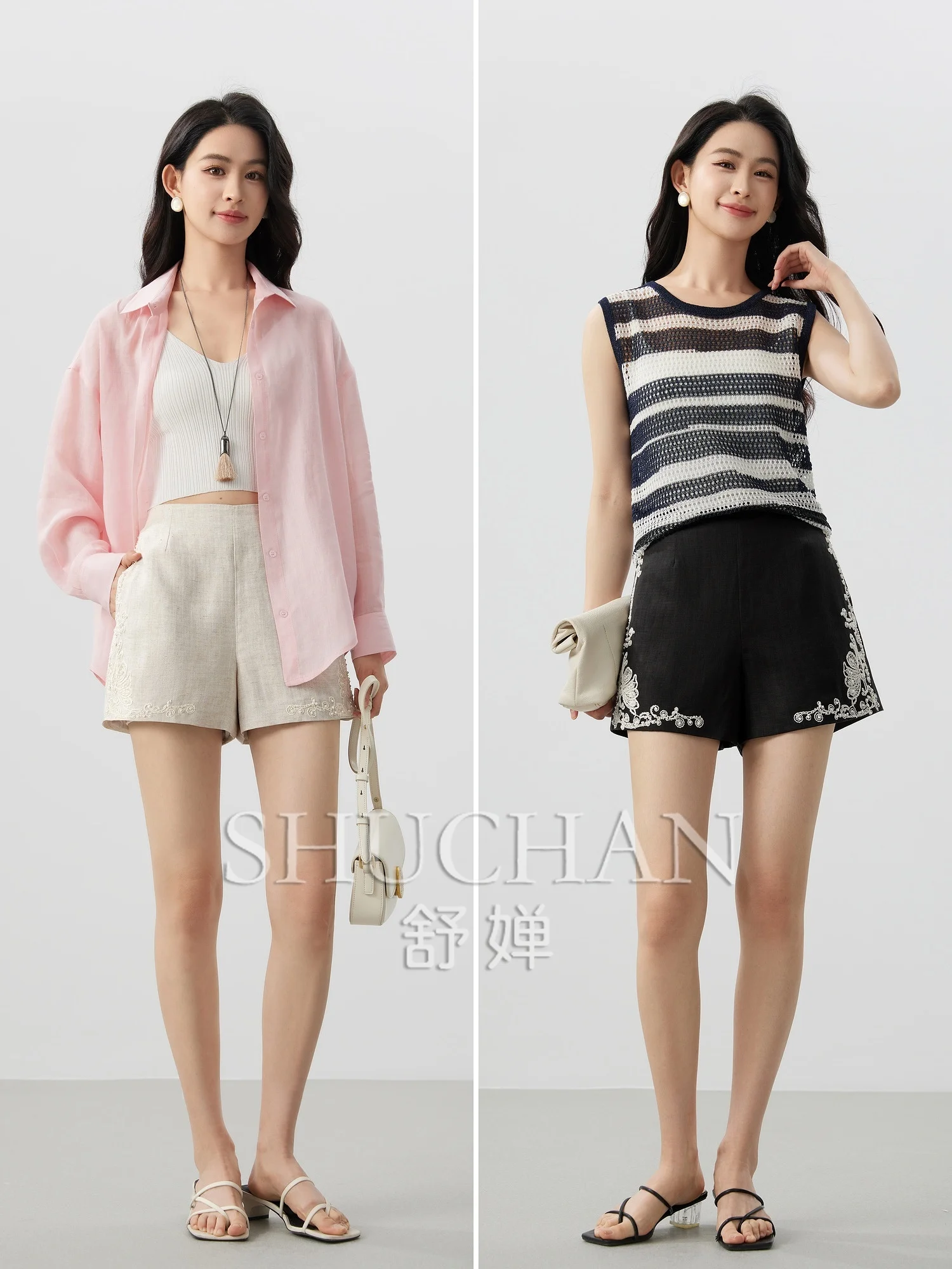 Good Quality 25 Lyocell Linen Blend Heavy Industry Embroidery Bead Casual Shorts Women Pants Summer