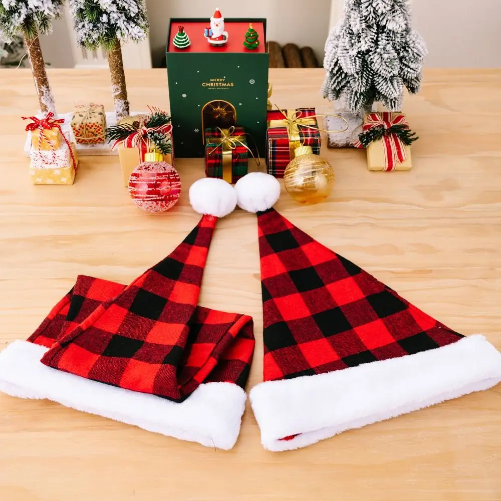 Merry Christmas Decoration Christmas Hat Plaid New Year Dress Up Santa Claus Hat Santa Claus Korean Style Red Plush Hat Warm