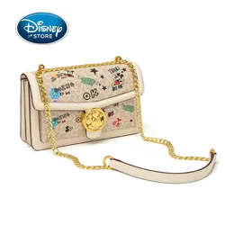 Disney Mickey Print Graffiti Shoulder Bag PU Leather Small Square Bag Chain Strap Shoulder Bag High Quality Crossbody Women Bag