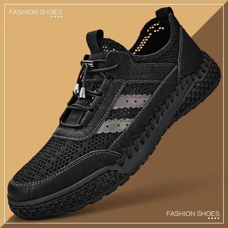 

Мужская обувь, лето 2024, удобная повседневная обувь из дышащей кожи и воздушной сетки, мужская прогулочная походная обувь ручной работы, черная обувь