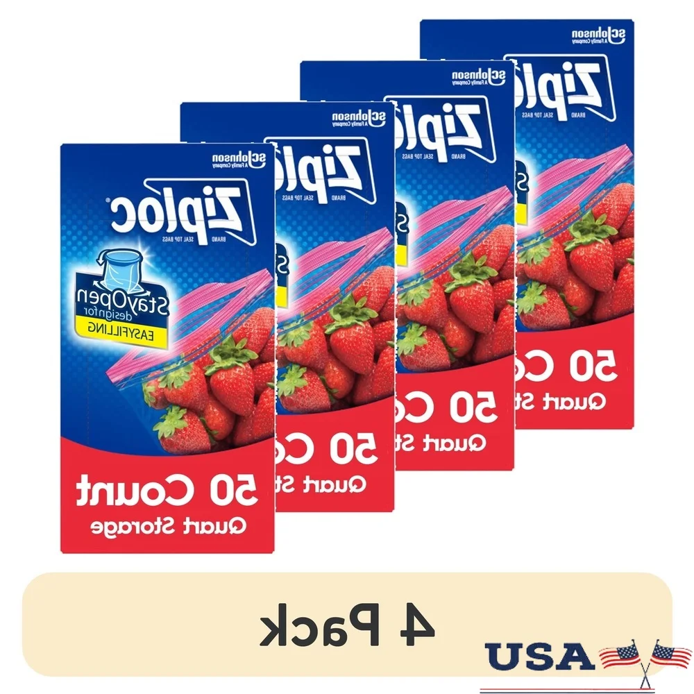 

4 Pack Stand Up Storage Bags with Grip Seal Technology Food Prep and Organization Easy Fill Reusable Double Zipper Closure