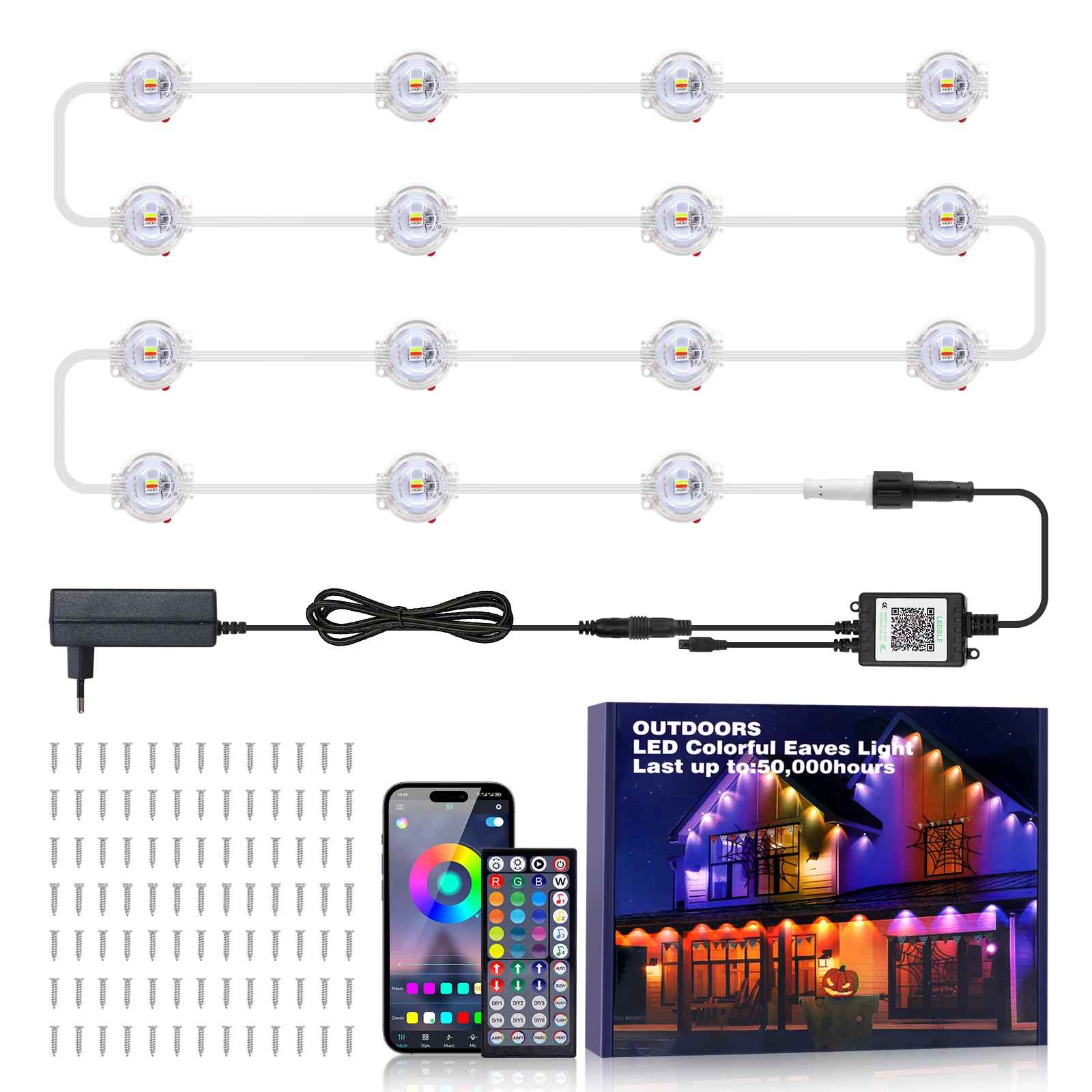 15M 30M 60M RGB Eaves Lights Smart Bluetooth Permanent Outdoor Music Sync Light Waterproof LED Strings for Holiday DIY Christmas