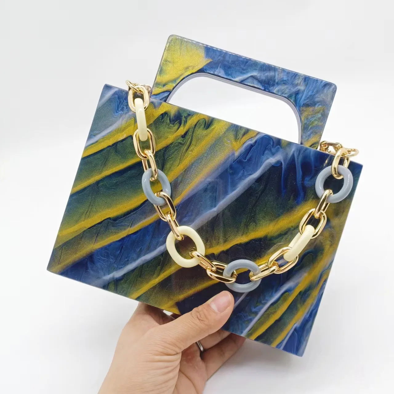 Multicolored Women Marble Blue Acrylic Box Clutch Purse Evening Bags Wedding Party Bridal Handbags Minaudiere Top Handle Flap